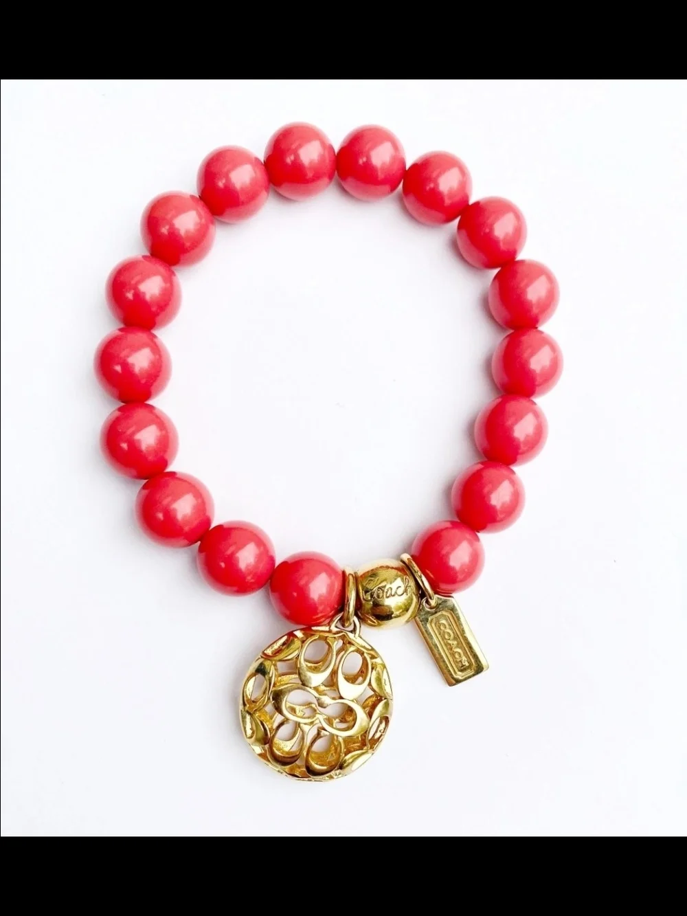 Vintage Coach Coral Beaded Bracelet with Gold-Tone Logo Charms